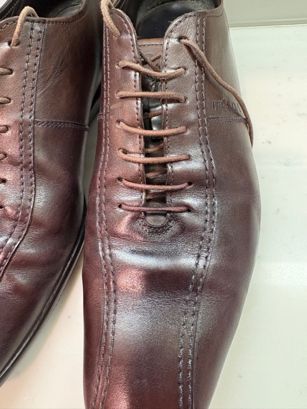 Prada Men's Brown Leather Lace-Up Oxfords - Picture 14 of 16
